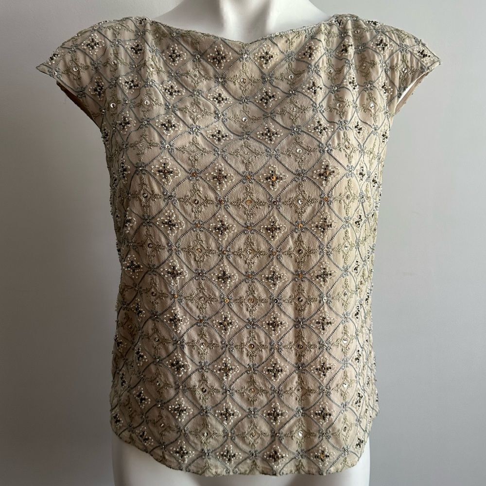Talbots Sz 14 Fine Gray Putty Silk All Beaded Art-to-Wear Blouse Shirt Top